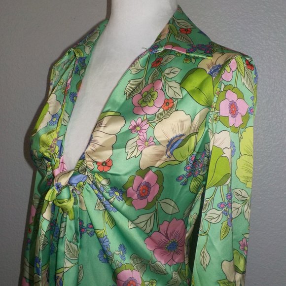 ZARA MS SIZE SMALL LIGHT GREEN WITH MULTI-COLOR FLORAL PRINT SATIN LIKE DRESS - Picture 7 of 12
